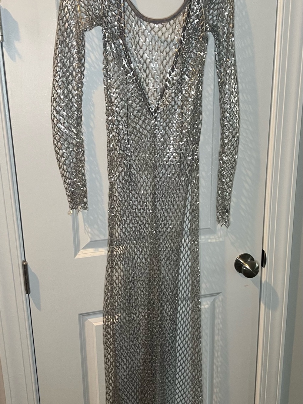 For Love & Lemons Silver Mesh Long Sleeve Maxi Dress